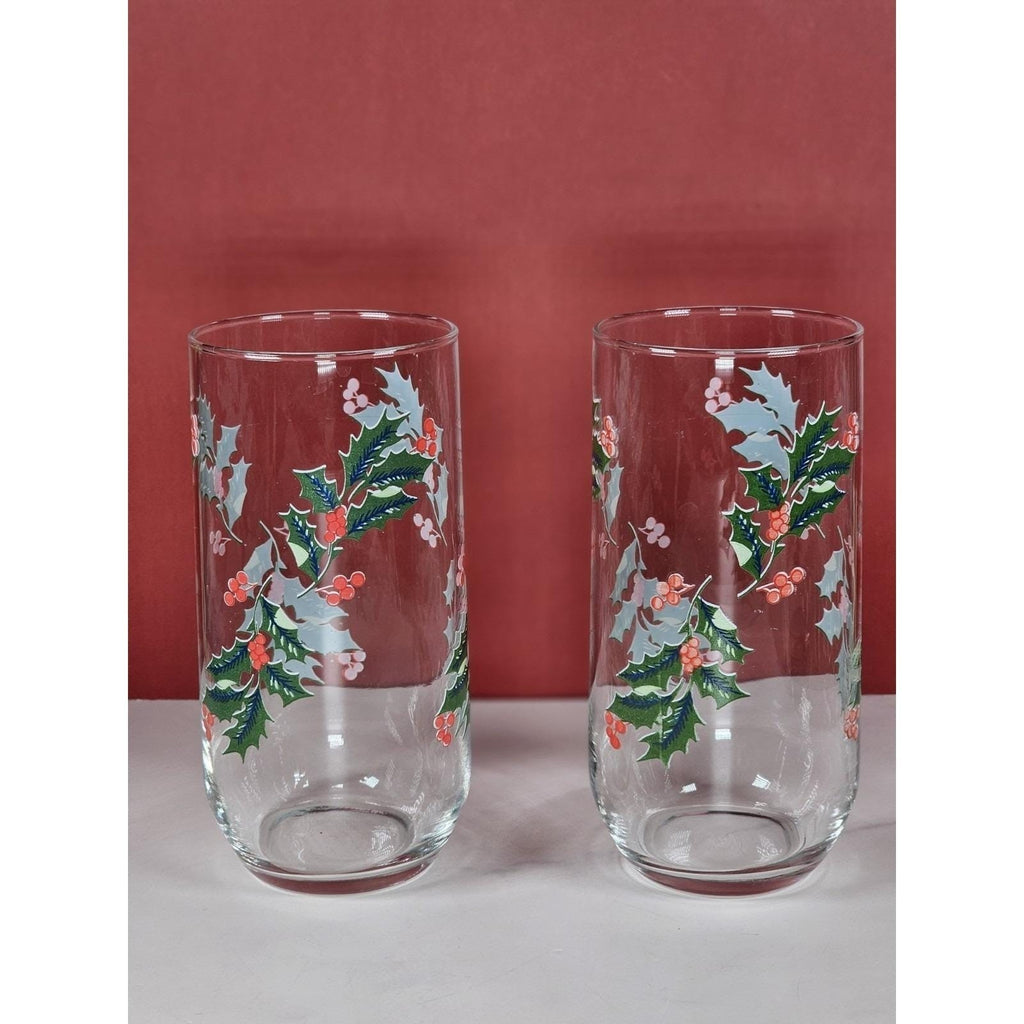 Vintage Indiana Glass Christmas Holly Tumblers Set of 2 Holiday Glasses
