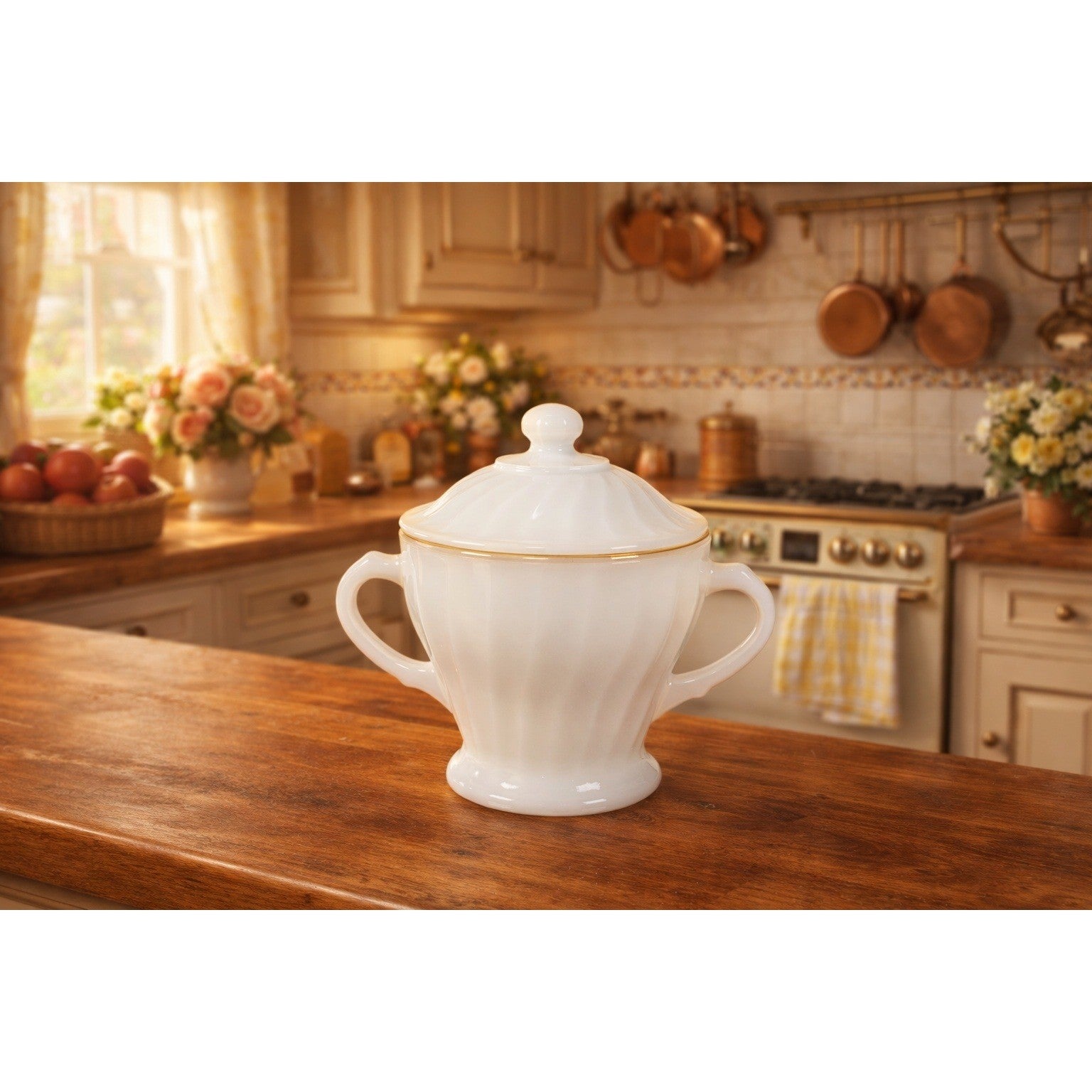 Vintage Milk Glass Sugar Bowl with Lid Gold Trim Fluted Handles