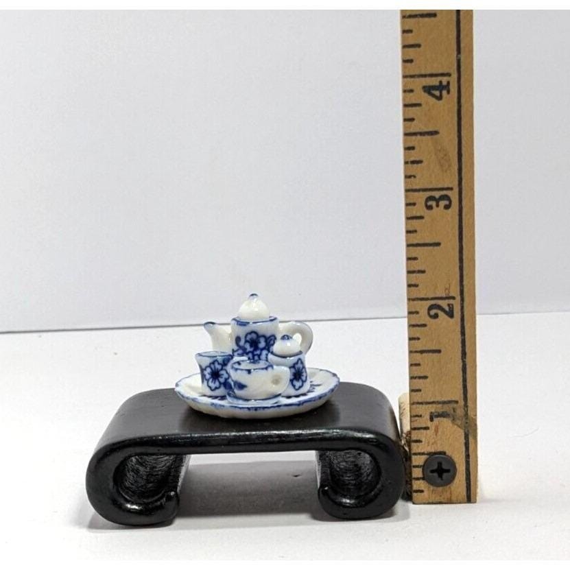 Dollhouse Miniature Coffee Set Blue White Ceramic 1:12 with Stand