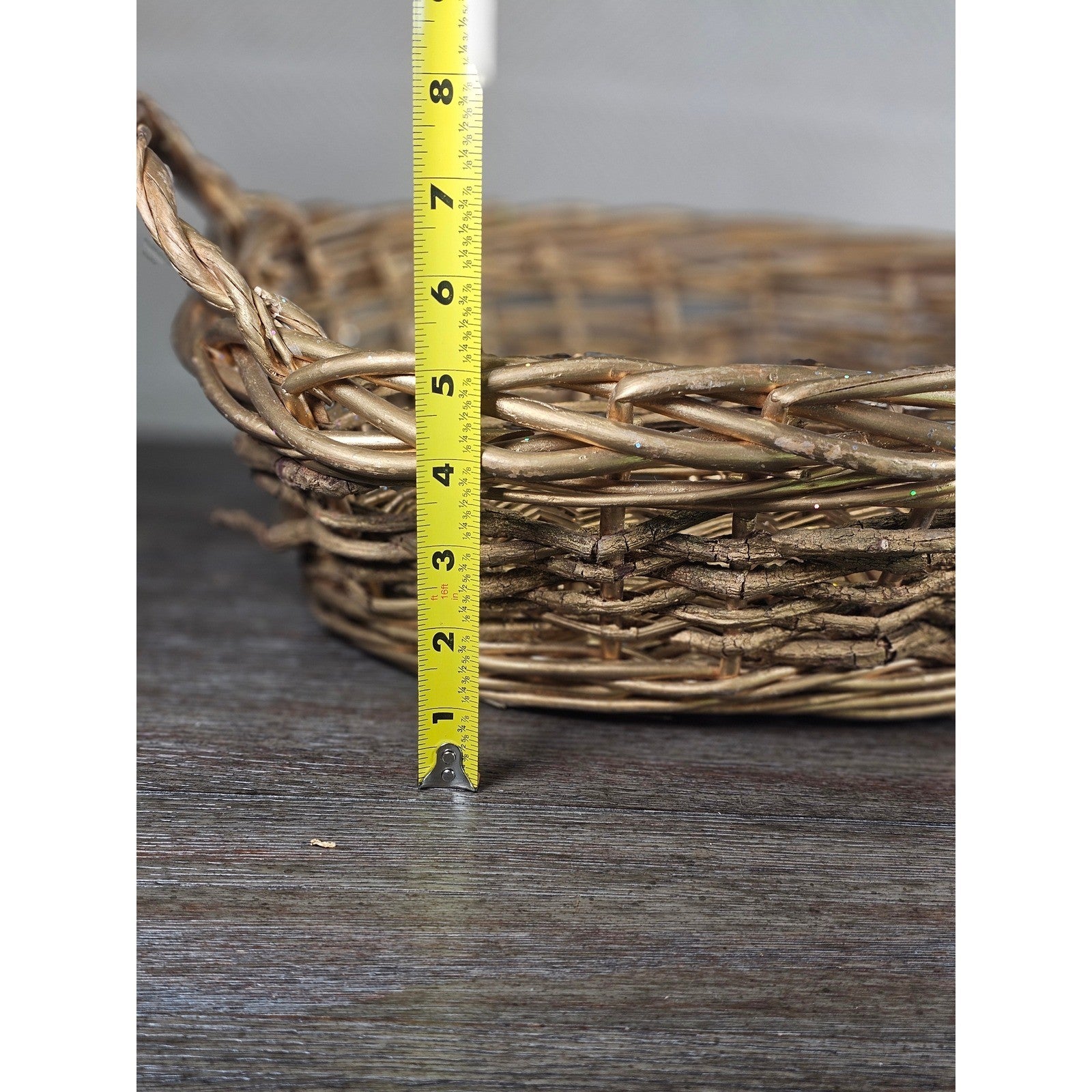 Vintage Gold Glitter Wicker Basket with Handles | Rustic Cottage Decor