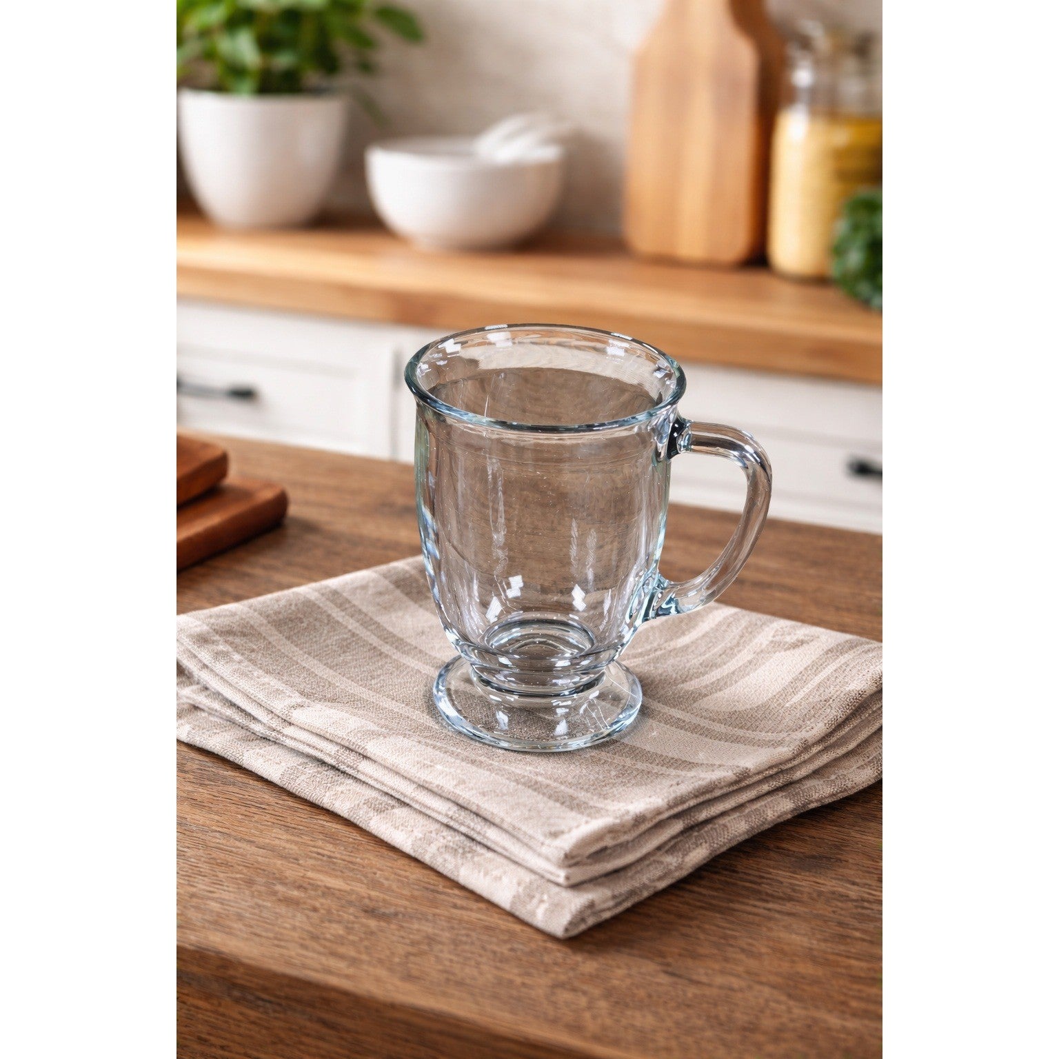 Vintage Clear Glass Pedestal Mug with Handle | Footed Coffee Cup