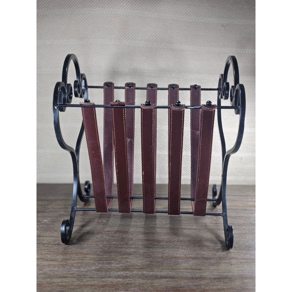 Vintage Iron & Leather Magazine Rack 16" Tall Rustic Book Holder