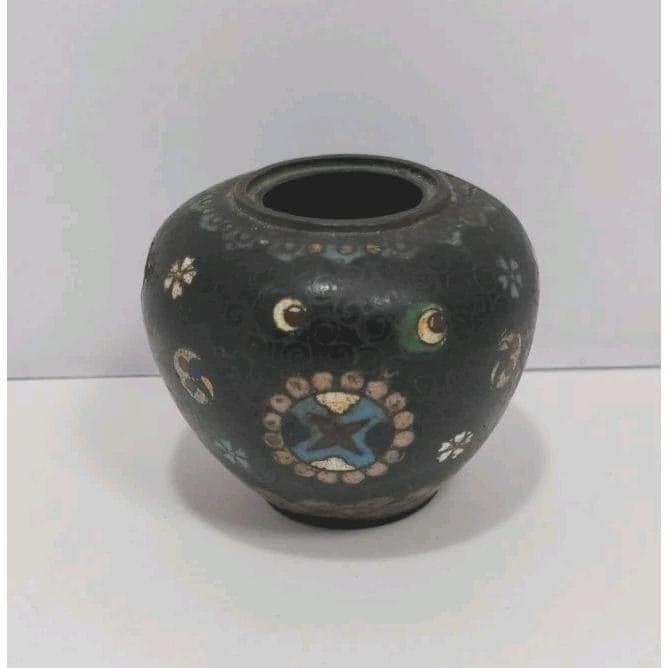 Vintage Cloisonne Mini Vase Black Floral Enamel 2.5" Collectible