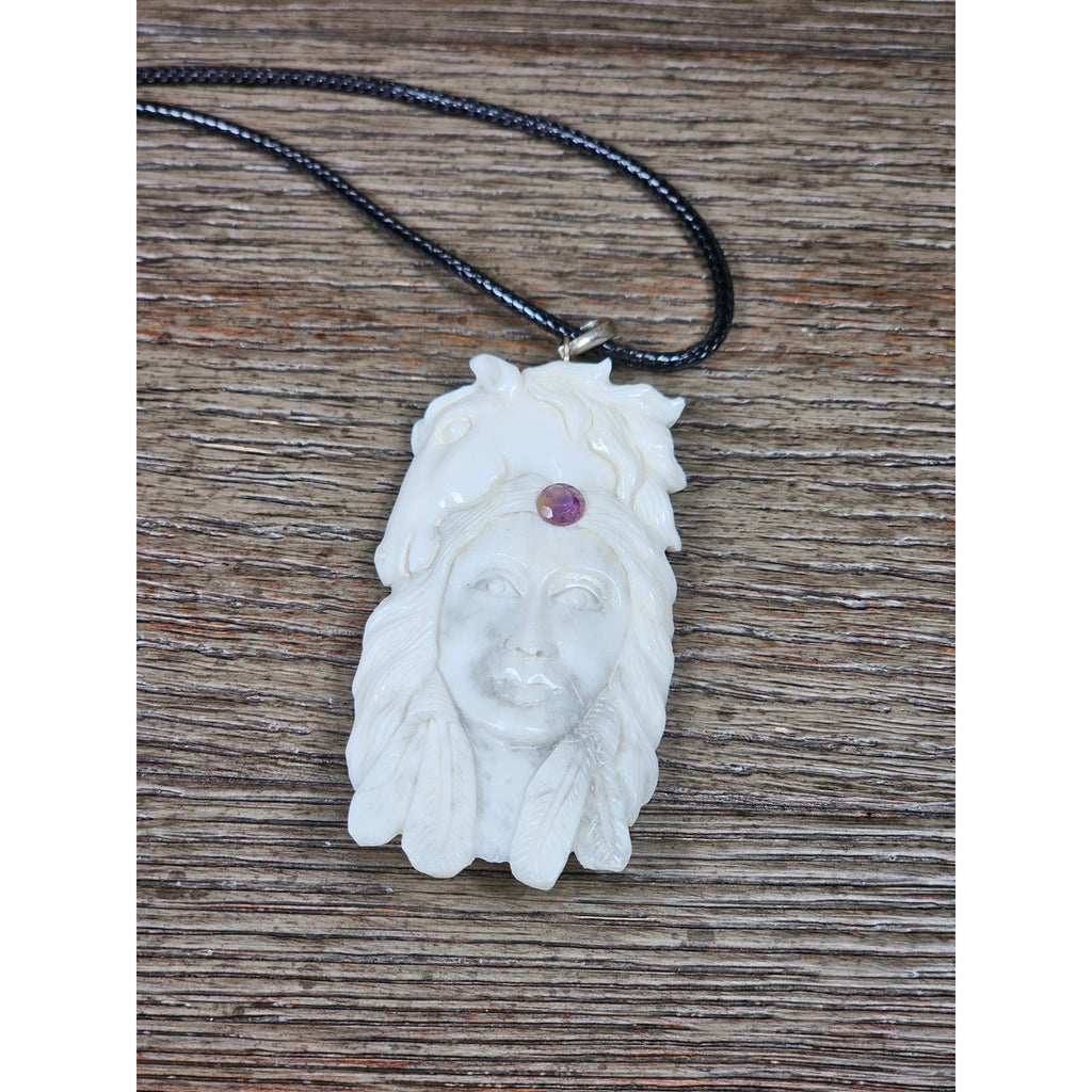 Vintage Buffalo Bone Carved Pendant Necklace Native Style 2.5 Inch