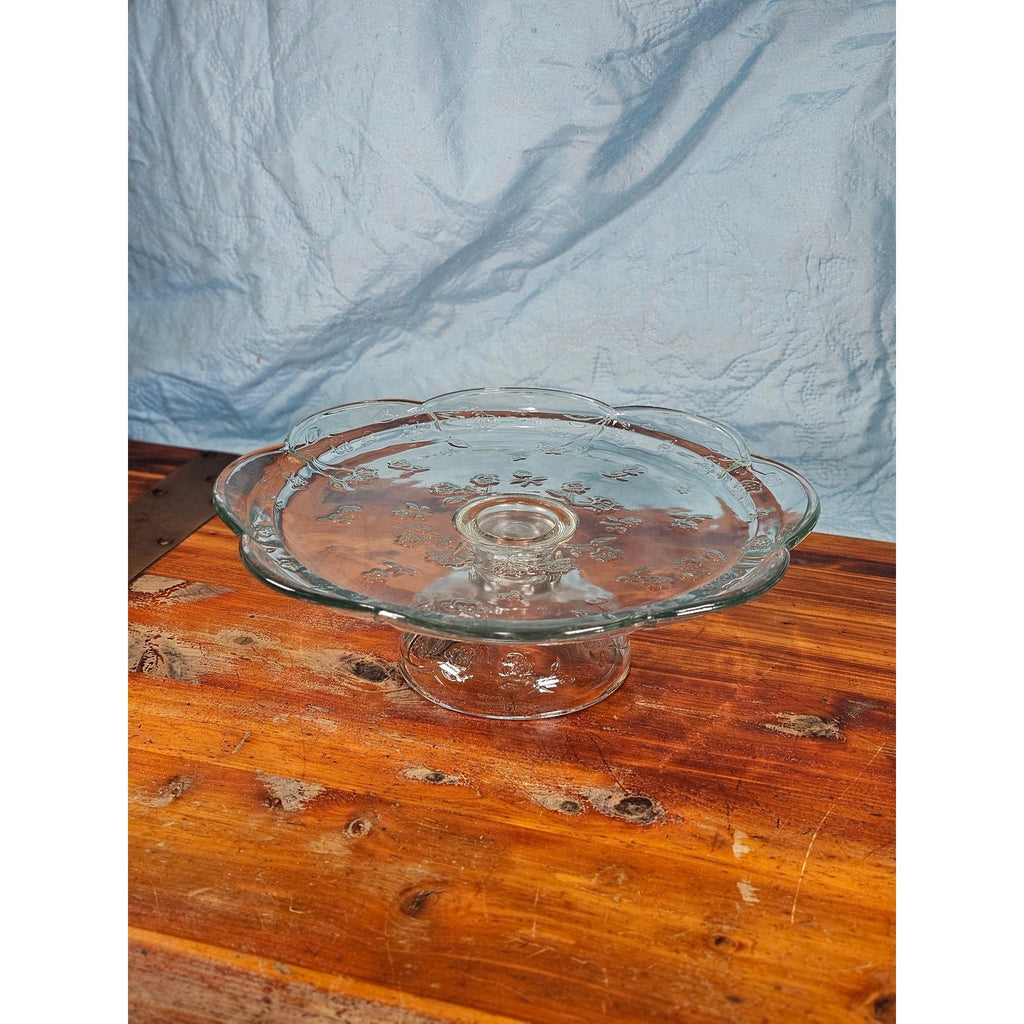 Vintage Clear Glass Cake Stand with Floral Embossed Design