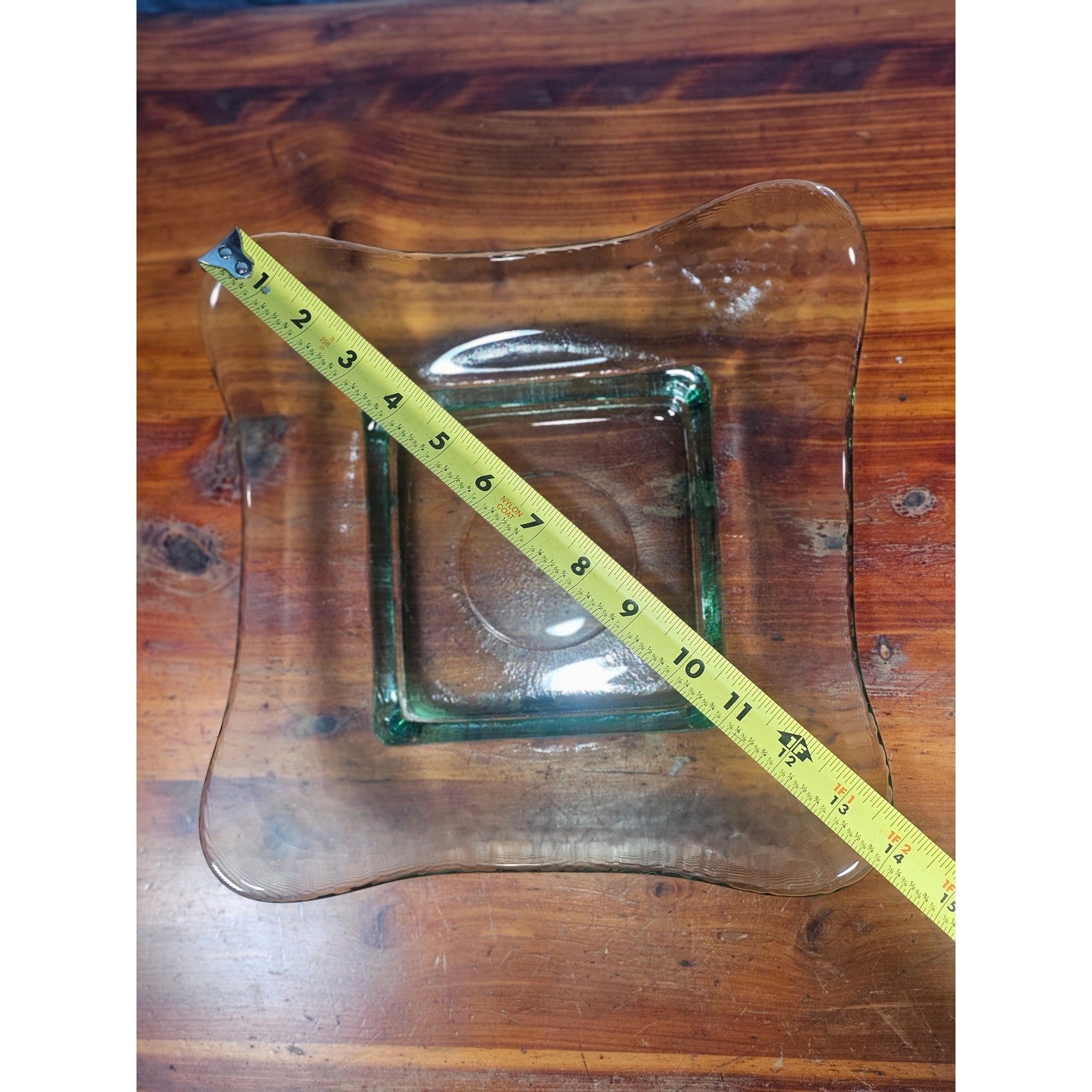 Vintage Green Glass Square Serving Dish Wavy Edge Plate Mid Century