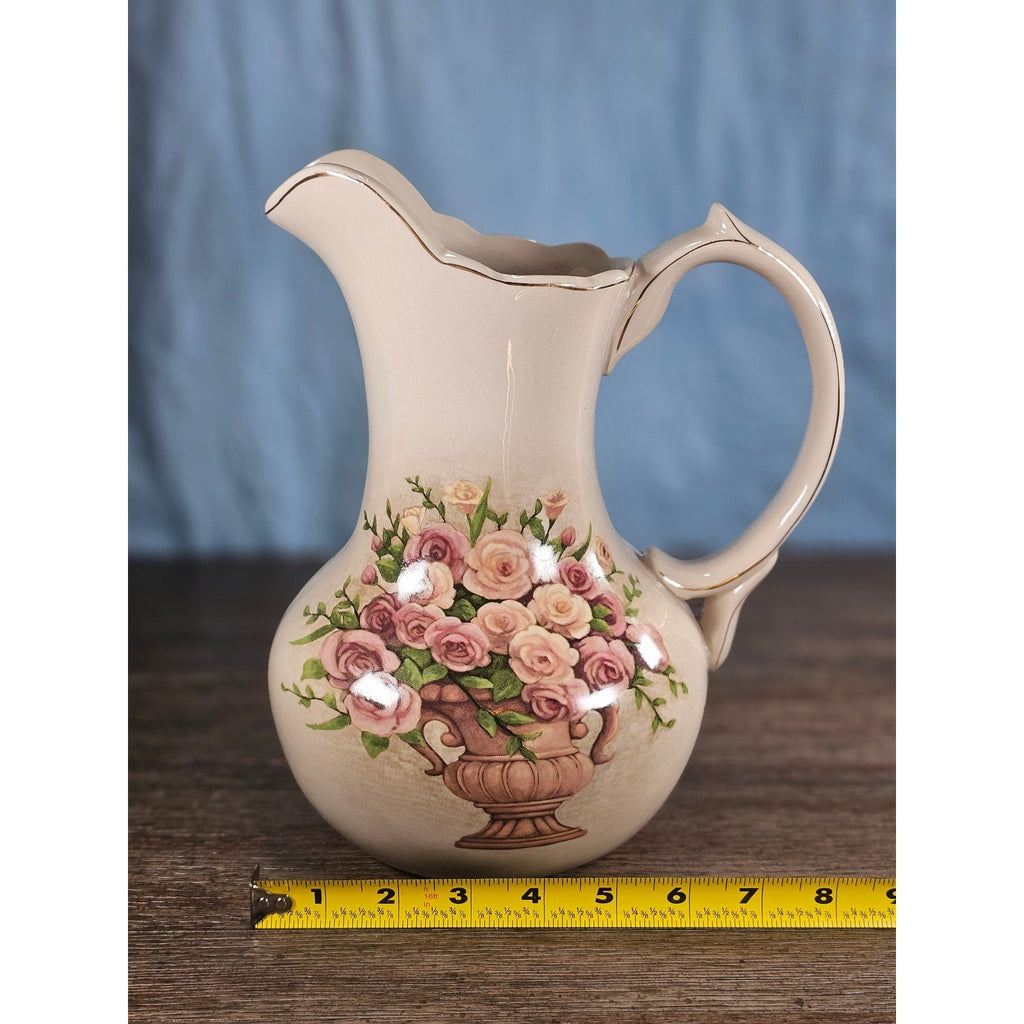 Vintage Belk Floral Ceramic Pitcher Rose Urn Design Cream Vase Handle