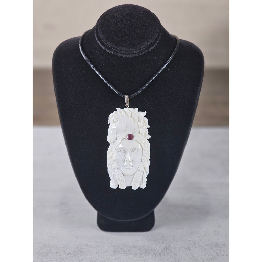 Vintage Carved Face & Horse Pendant Necklace with Red Stone