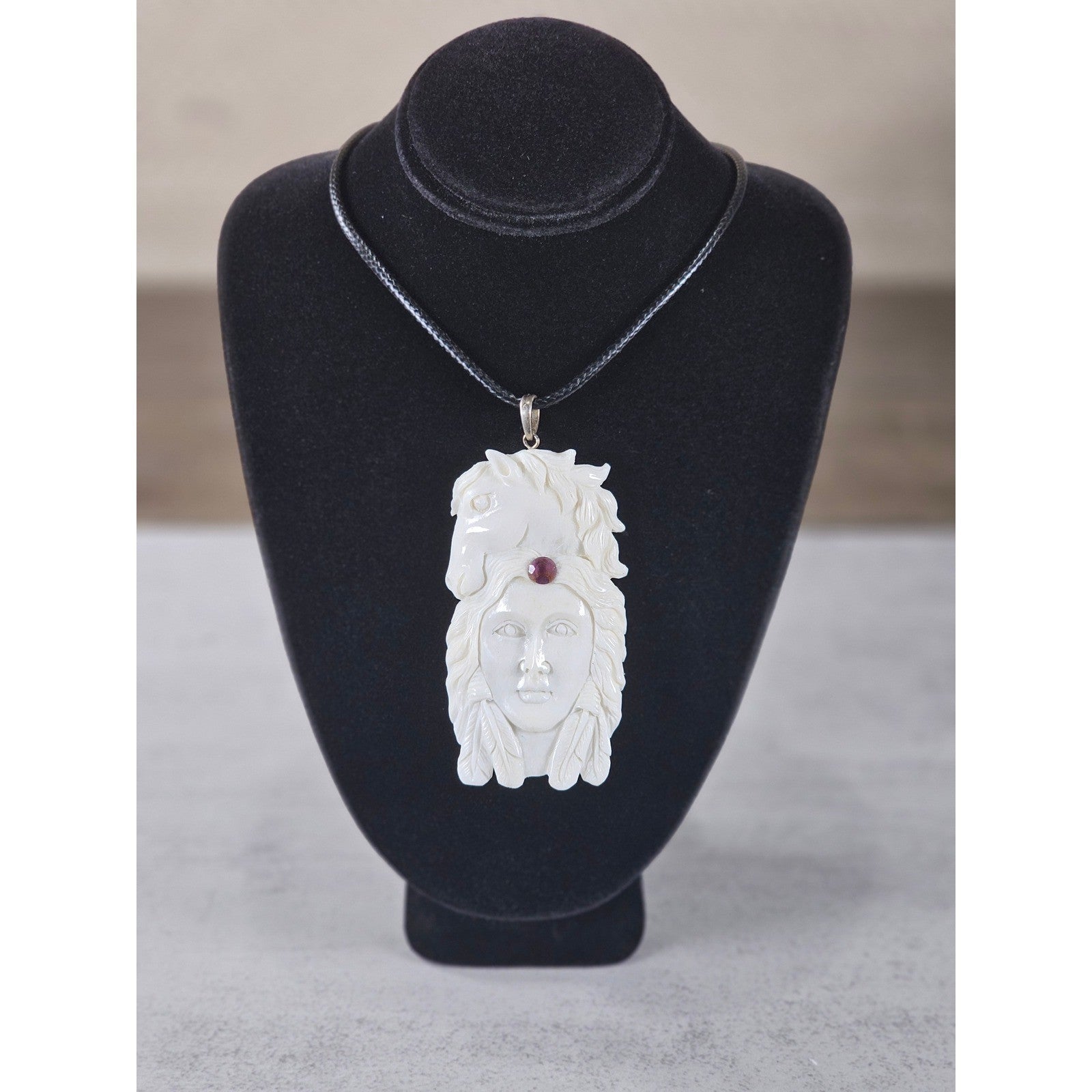 Vintage Carved Face & Horse Pendant Necklace with Red Stone