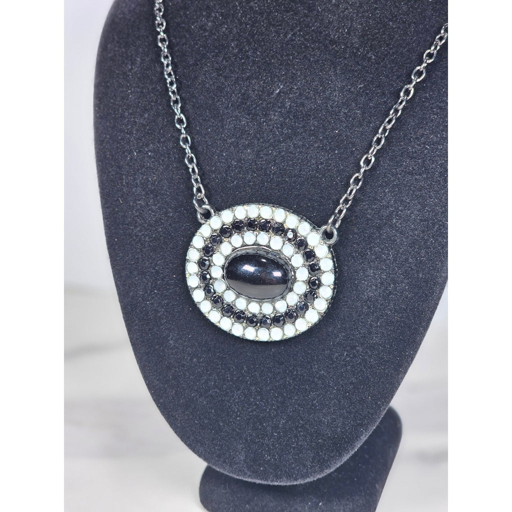 Vintage Black Oval Pendant Necklace with Rhinestone Halo on Gunmetal Chain