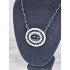 Vintage Black Oval Pendant Necklace with Rhinestone Halo on Gunmetal Chain