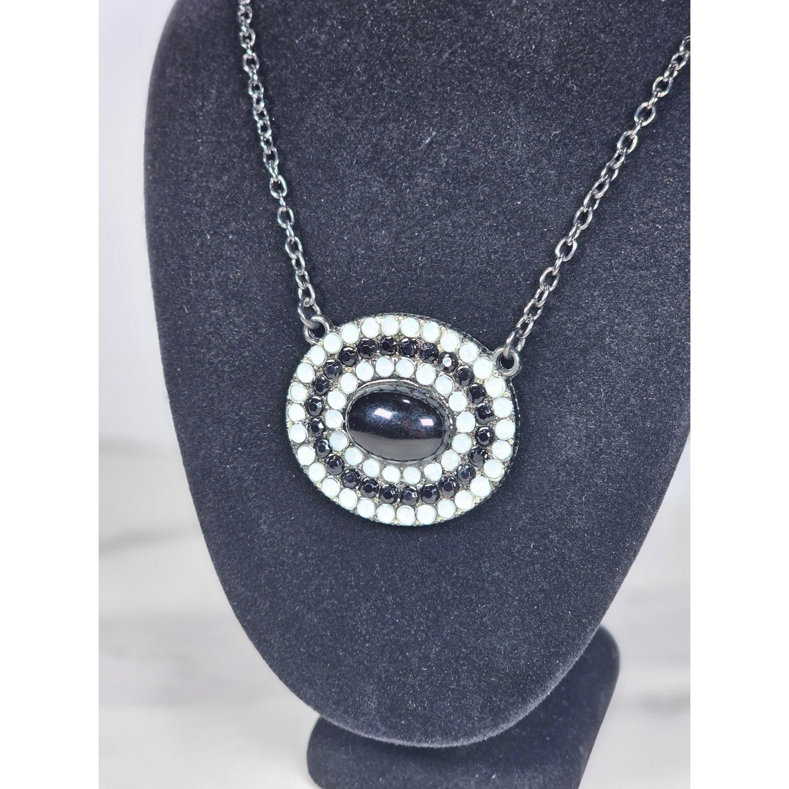 Vintage Black Oval Pendant Necklace with Rhinestone Halo on Gunmetal Chain
