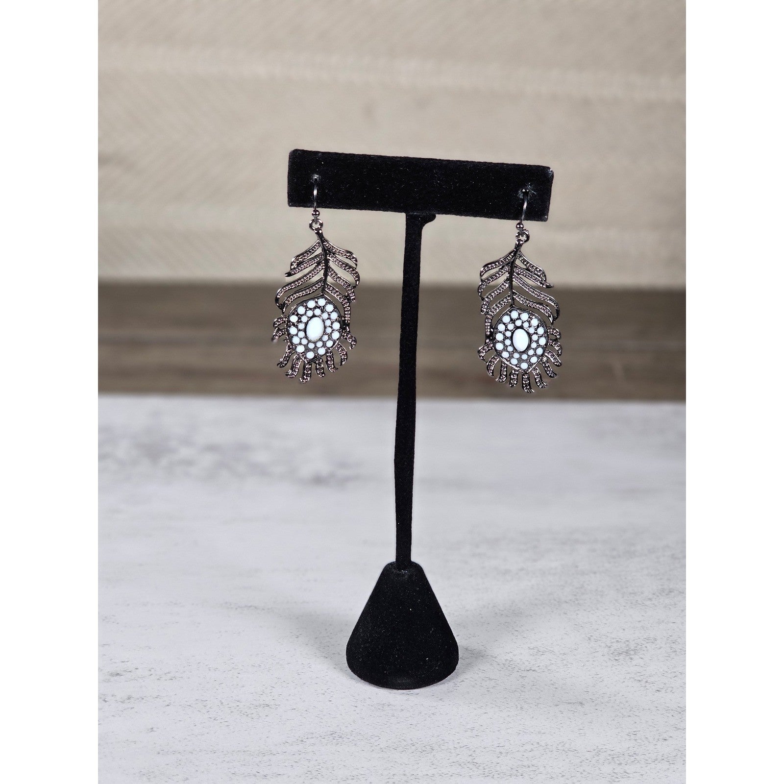 Vintage Feather Dangle Earrings White Cabochon Boho Drop