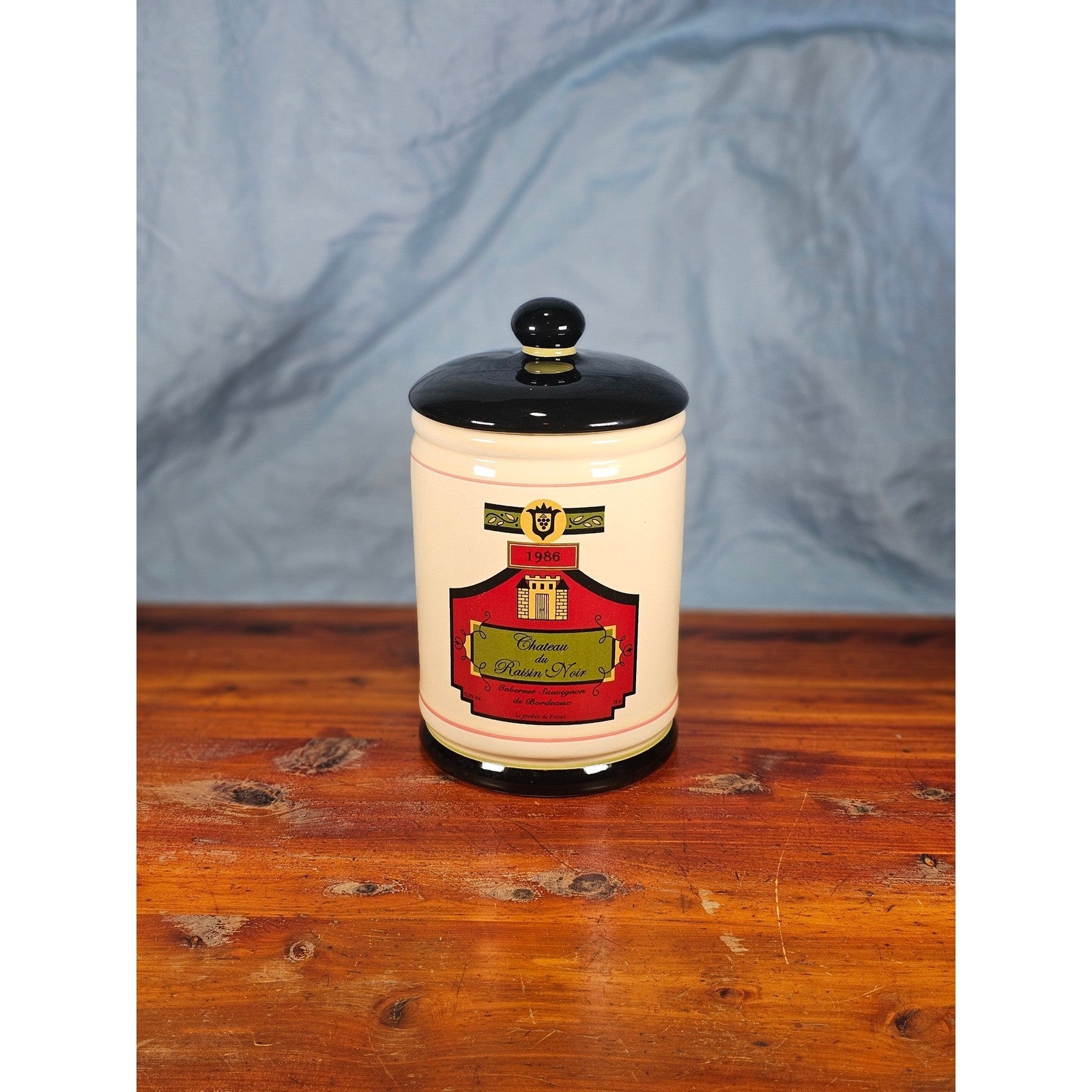 Vintage OGGI 9" Wine Label Canister Jar Chateau du Raisin Noir 1986