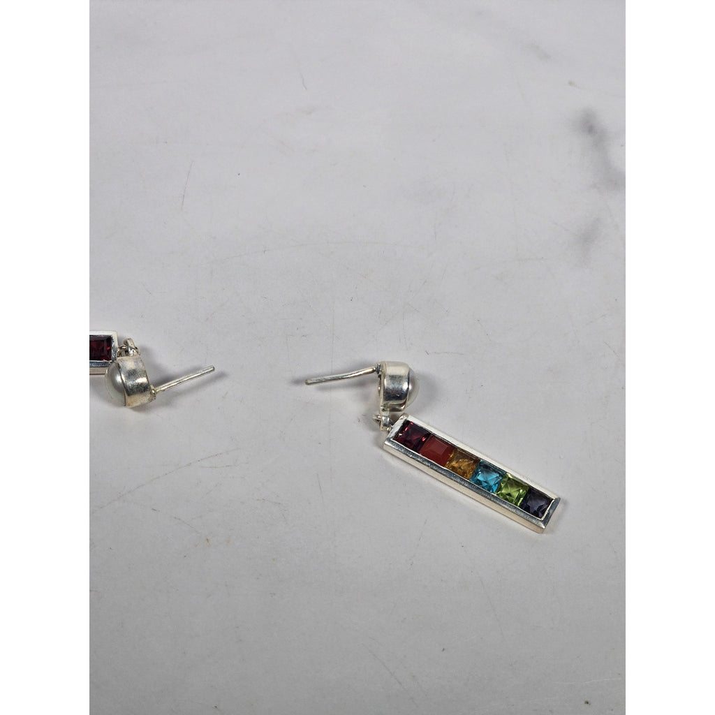 Vintage Rainbow Bar Drop Earrings with Pearl-Style Studs