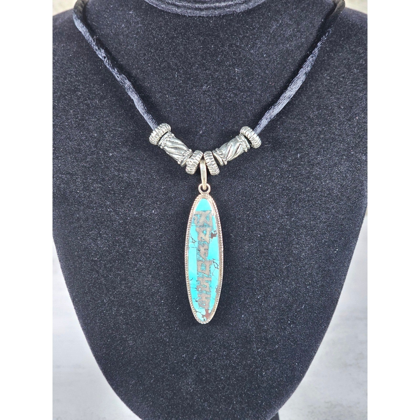 Vintage .925 Sterling Turquoise Pendant Necklace Boho Silver