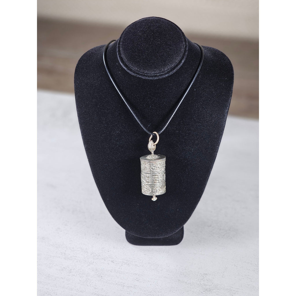 Vintage Asian Prayer Wheel Pendant Necklace Cylinder Scroll Charm
