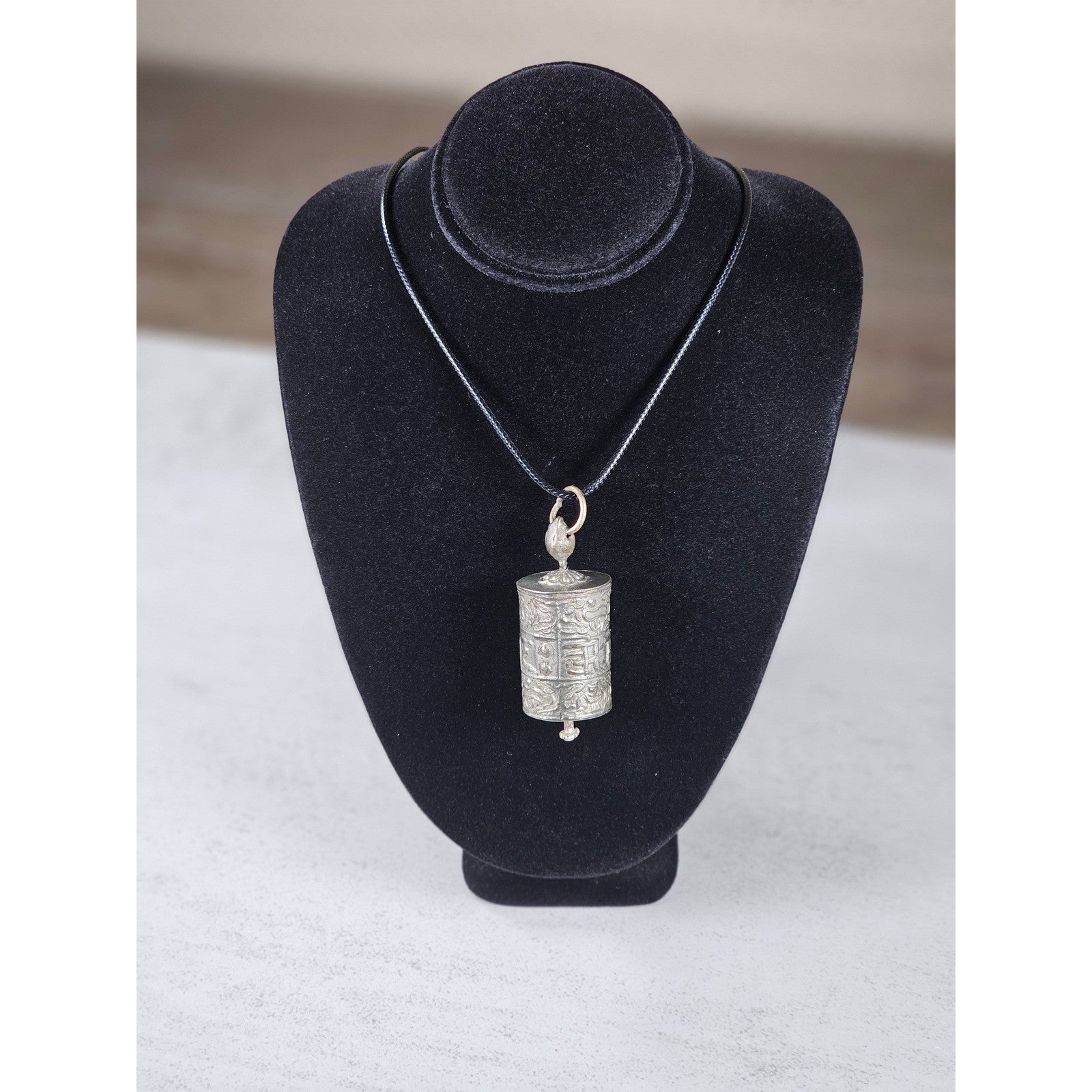 Vintage Asian Prayer Wheel Pendant Necklace Cylinder Scroll Charm