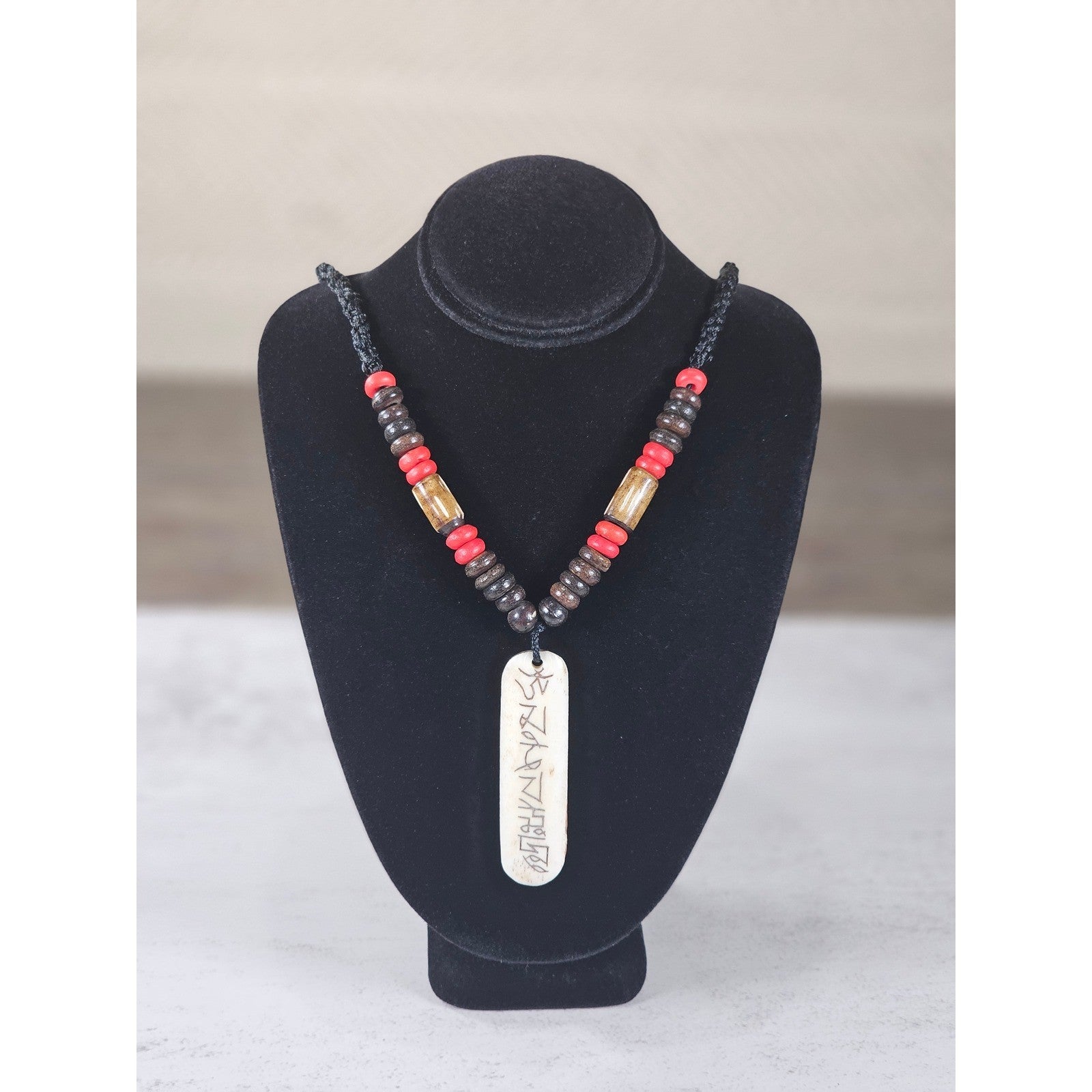 Vintage Tribal Script Pendant Necklace Wood & Red Beads