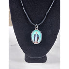 Vintage Madonna Pendant Necklace Blue Enamel Oval Cross Back