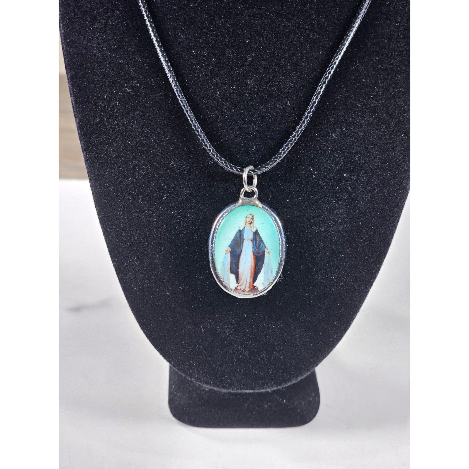 Vintage Madonna Pendant Necklace Blue Enamel Oval Cross Back