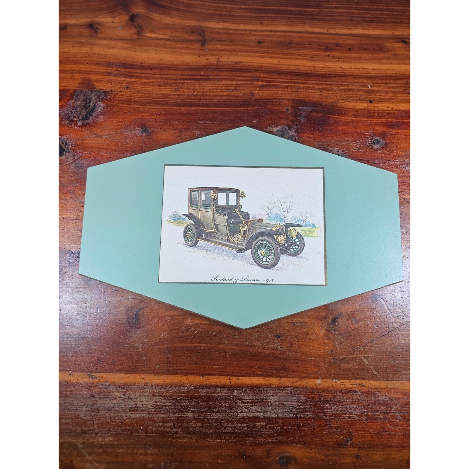 Vintage Panhard & Levassor 1912 Automobile Wall Plaque Teal 11.5 x 8