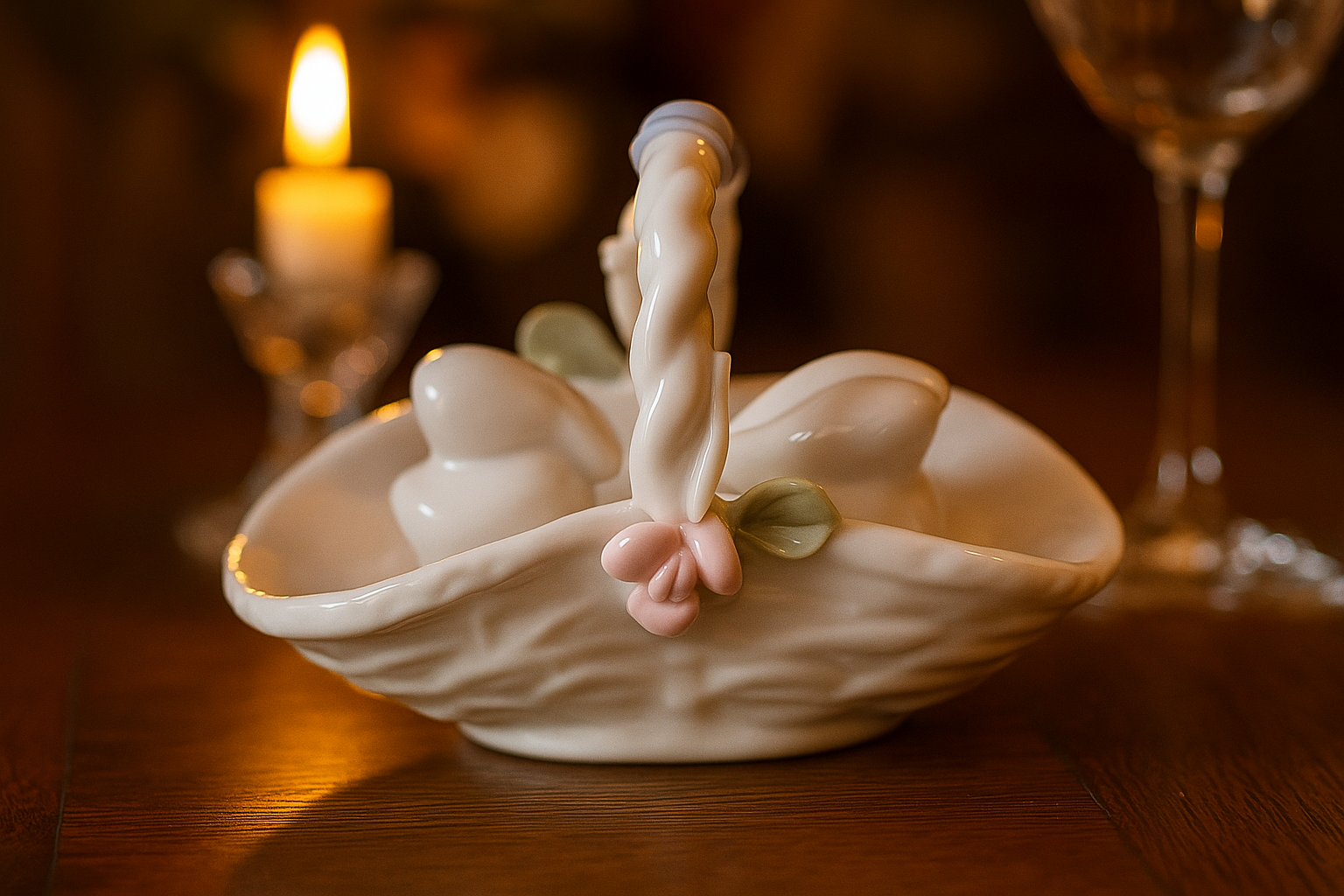 Porcelain White Rabbits in Basket – Vintage Bunny Figurine 3.5"x2"