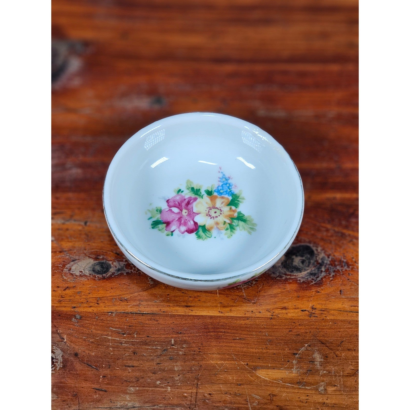 Vintage Floral Porcelain Dipping Bowl with Gold Rim – Small Trinket Dish