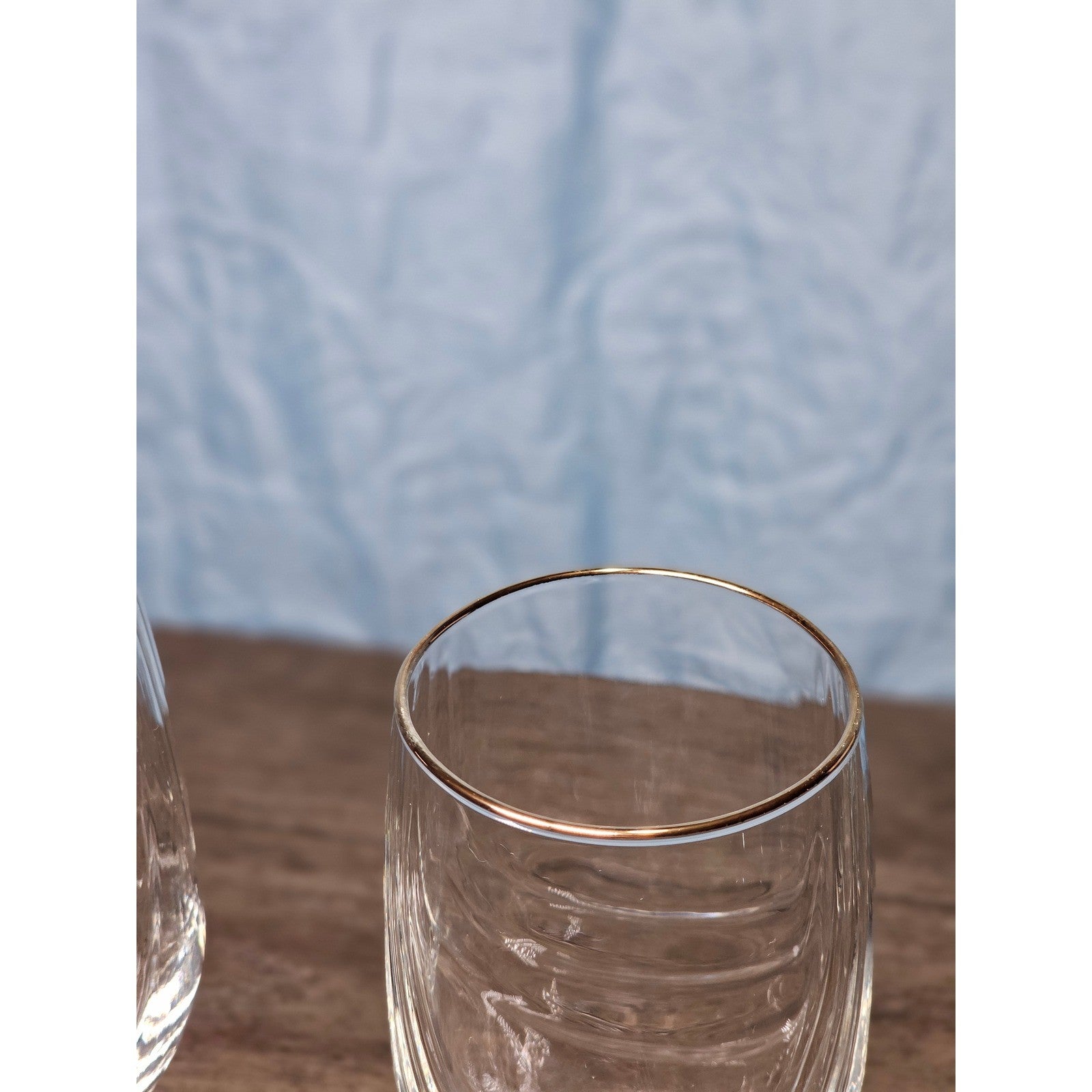 Vintage Blue Stem Wine Glasses Set of 2 Gold Rim Clear Bowl 8 Inch
