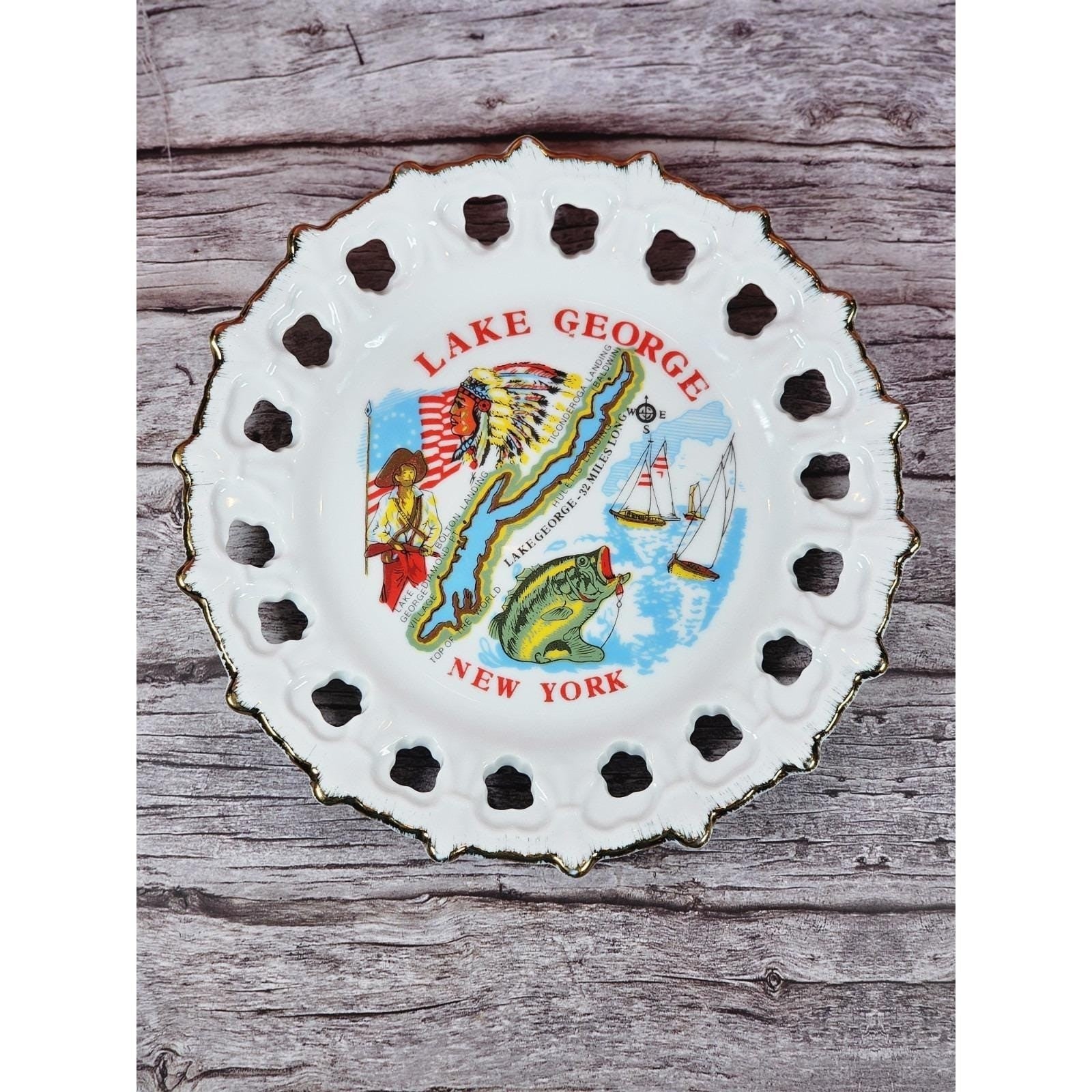 Vintage Lake George New York Souvenir Plate Gold Trim Pierced Rim 7 Inch