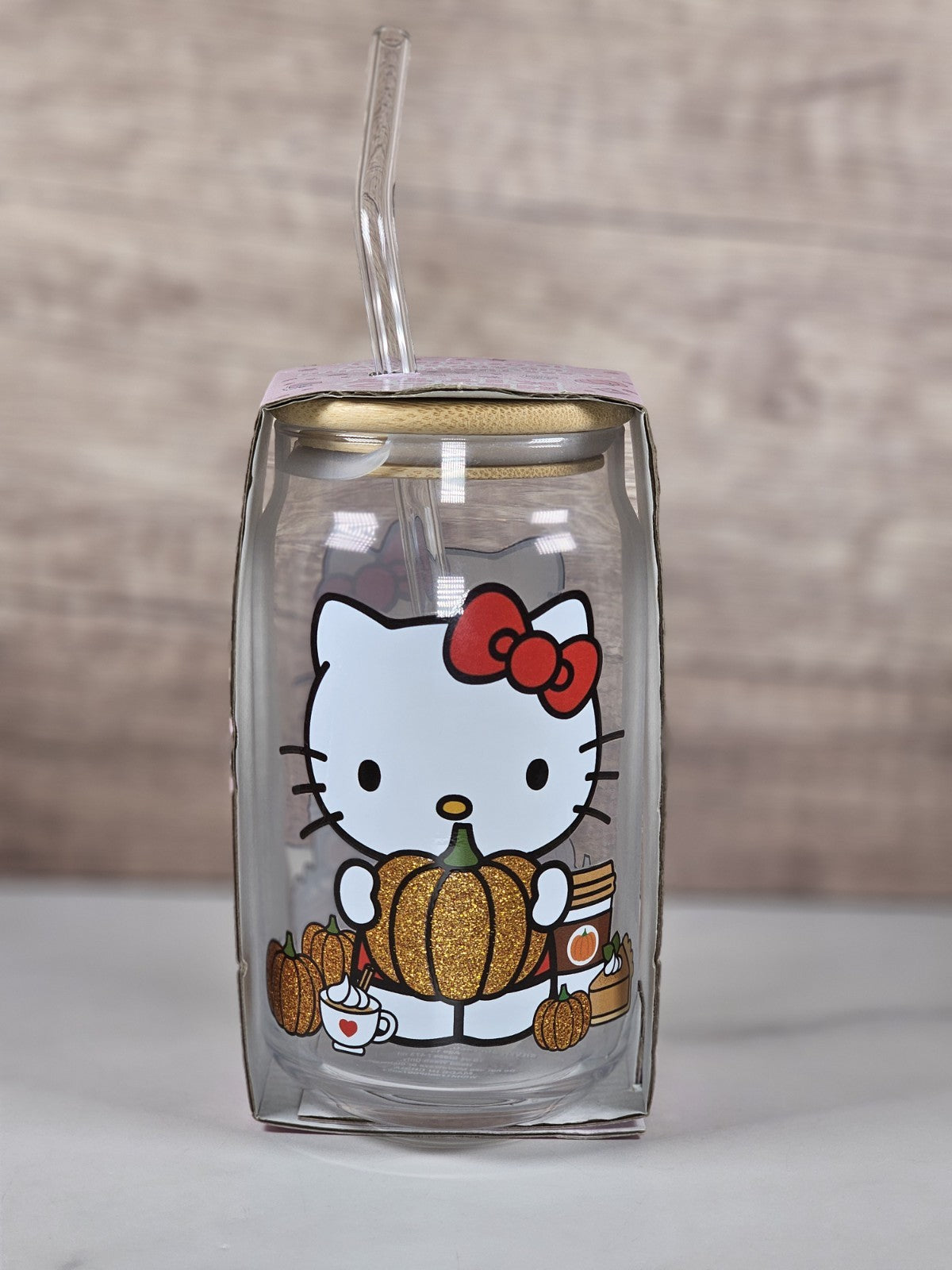 Hello Kitty Glass 16oz Tumbler with Bamboo Lid & Straw – Sanrio – NEW