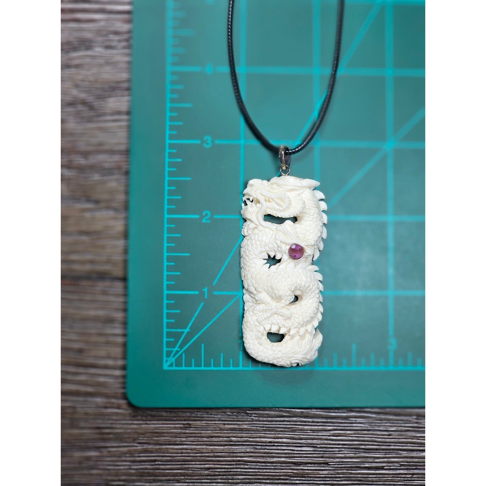 Vintage Carved Dragon Pendant Necklace With Pink Stone