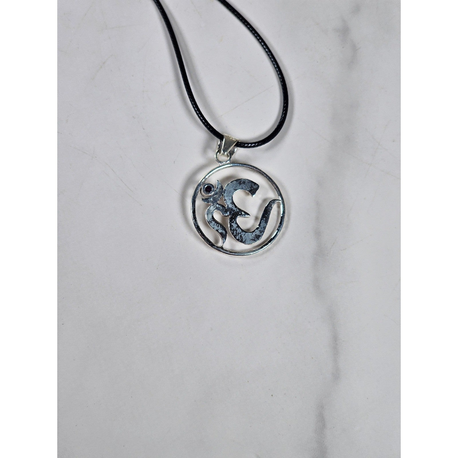 Vintage Sterling Silver Om Pendant with Purple Stone Necklace