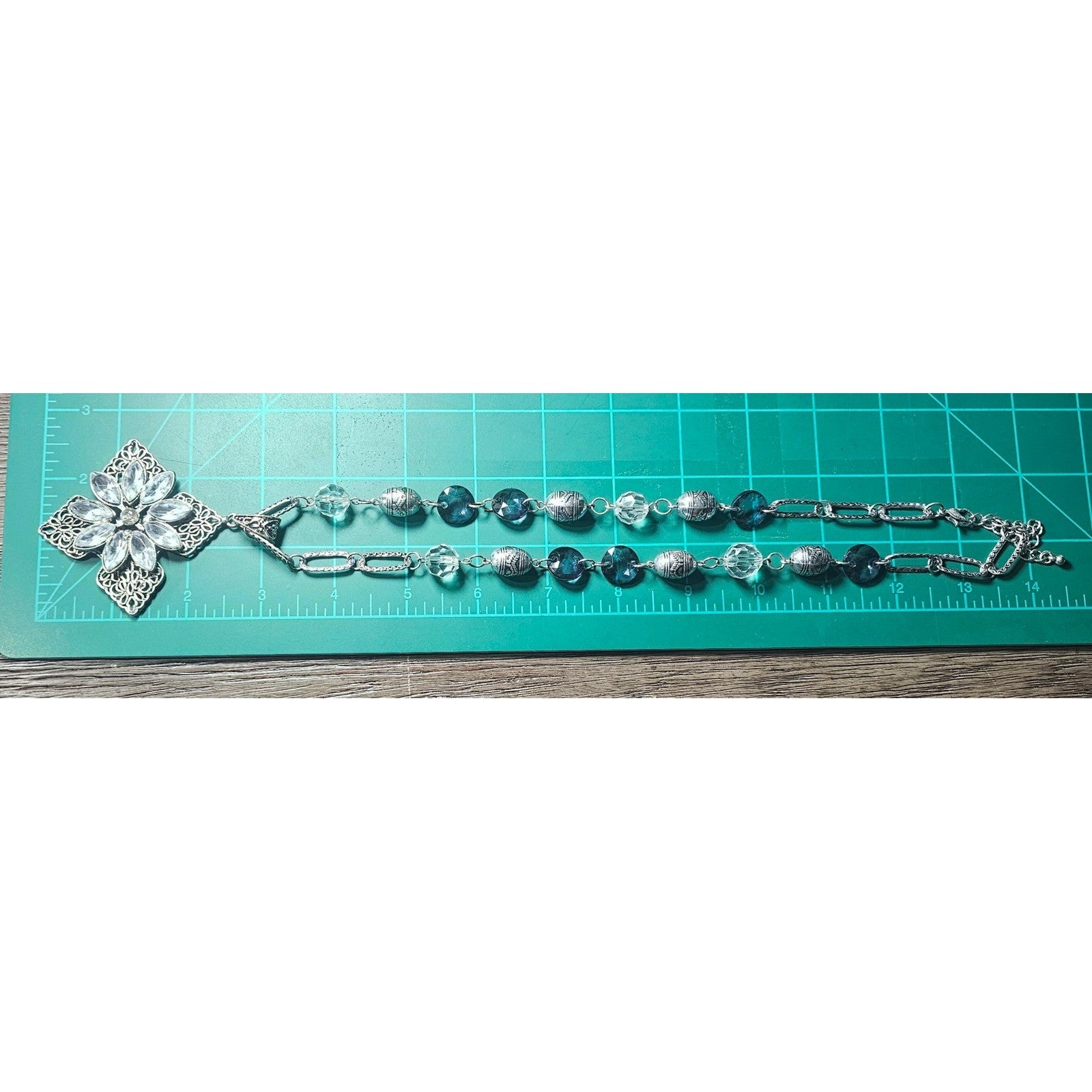 Vintage Silver Tone Crystal Cross Pendant Necklace Beaded Chain