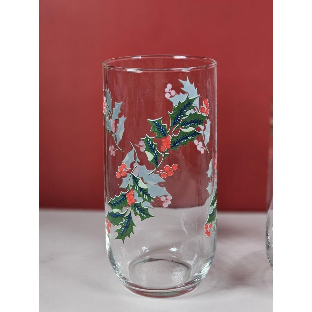 Vintage Indiana Glass Christmas Holly Tumblers Set of 2 Holiday Glasses