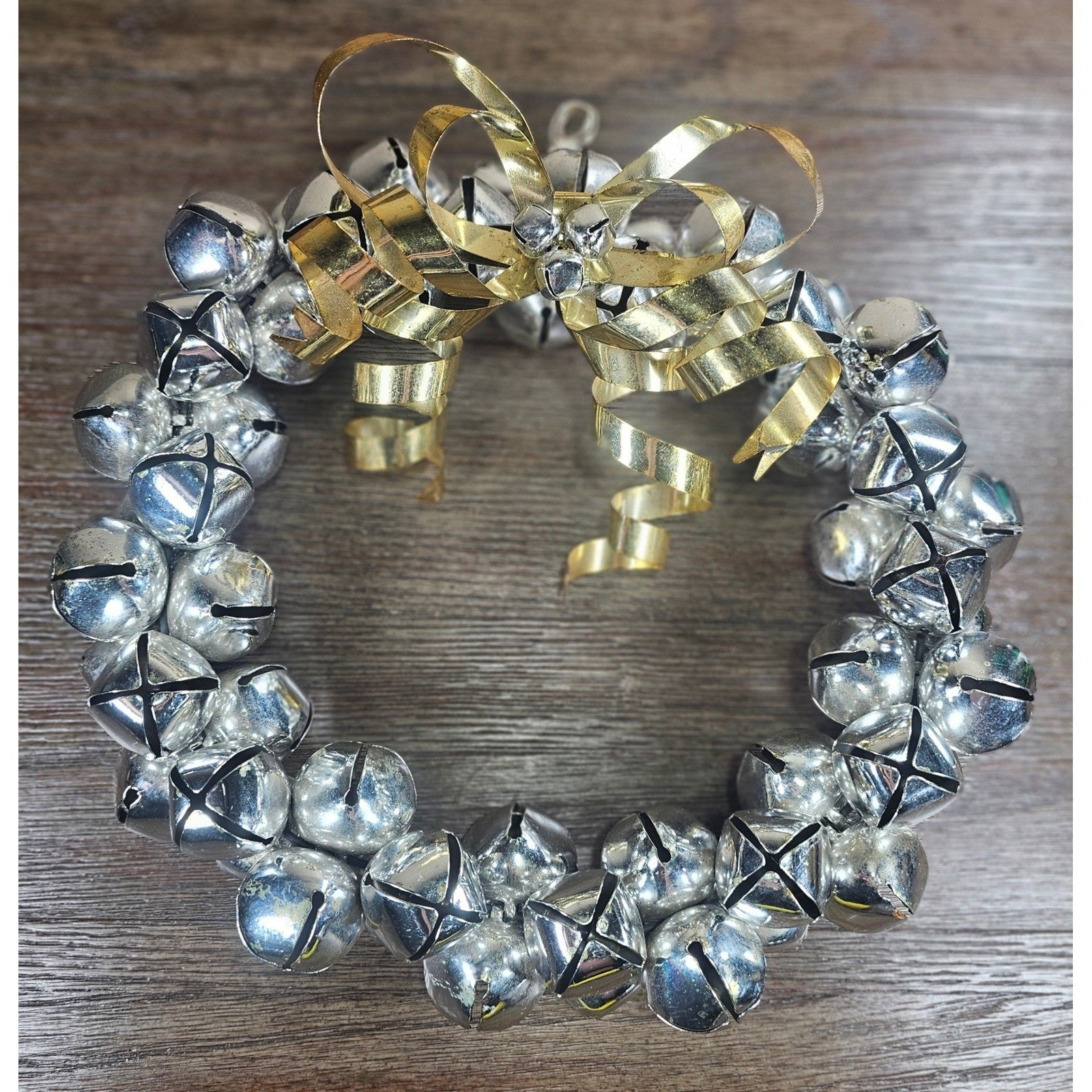 Vintage Silver Jingle Bell Wreath Gold Bow Holiday Door Decor