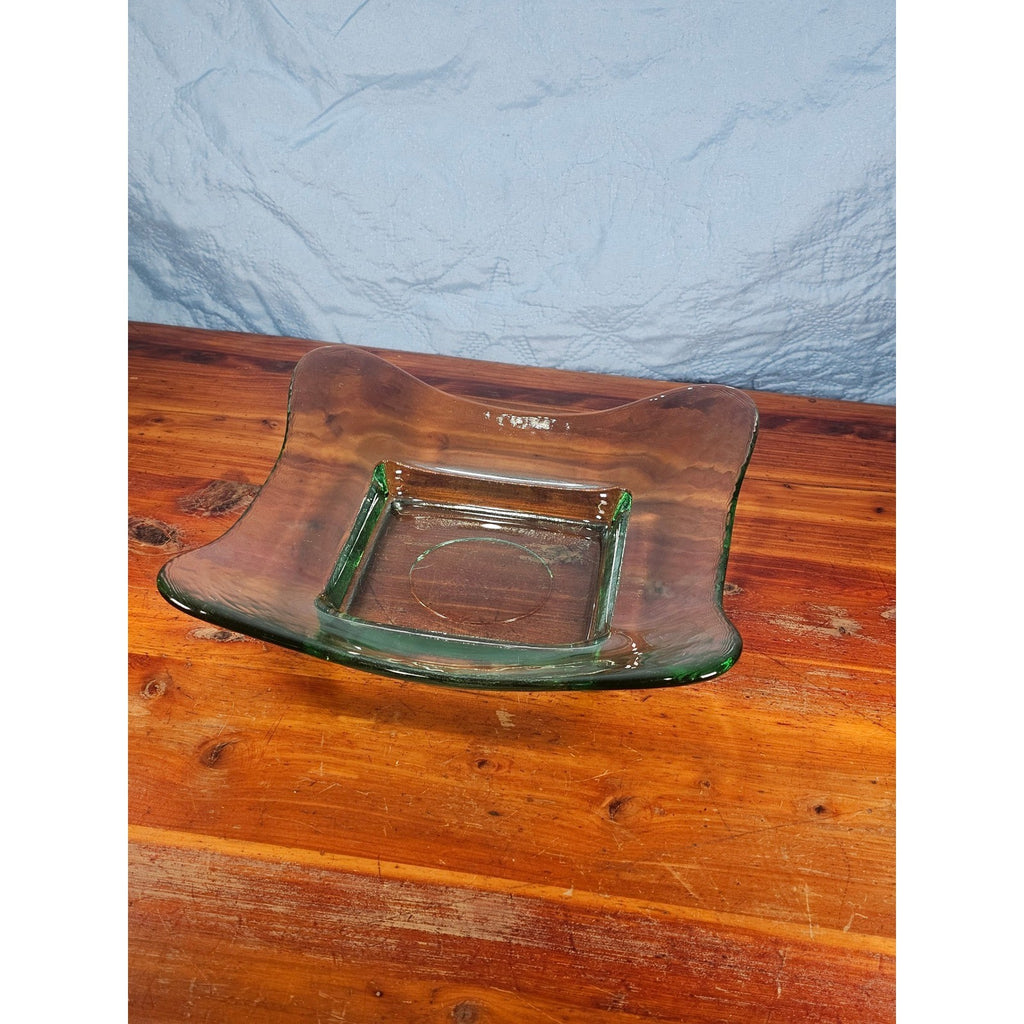 Vintage Green Glass Square Serving Dish Wavy Edge Plate Mid Century