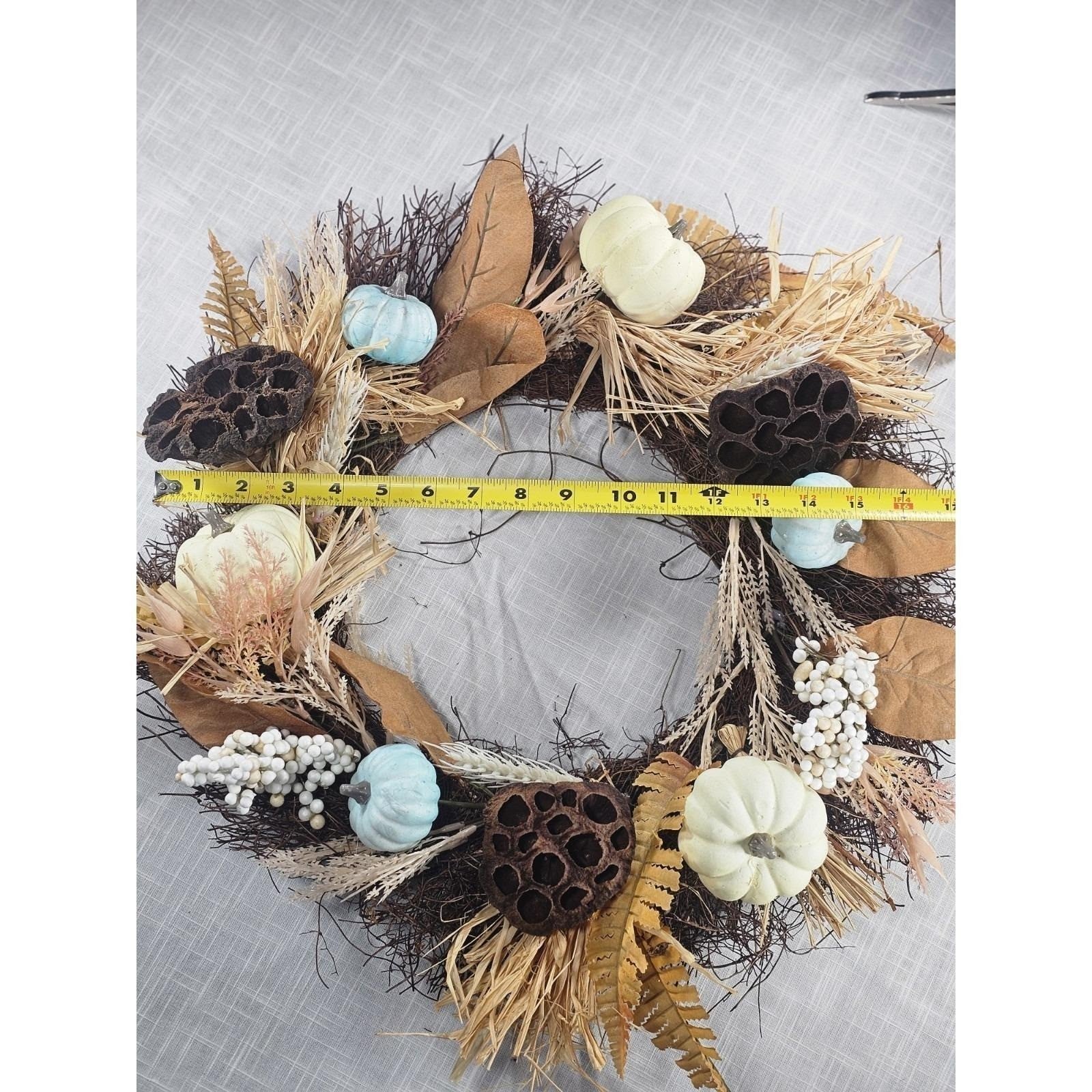 Rustic Fall Harvest Wreath With Pumpkins, Berries, Leaves Seasonal Decor