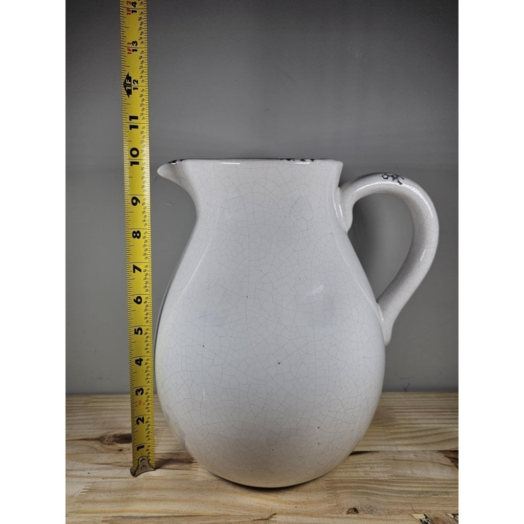 White Crackle Ceramic Pitcher Rustic Farmhouse Decor 10 Inch