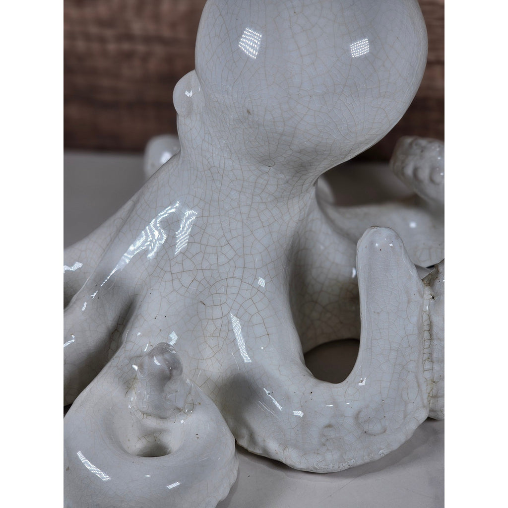 White Crackle Glaze Ceramic Octopus Figurine Nautical Coastal Home Decor Accent