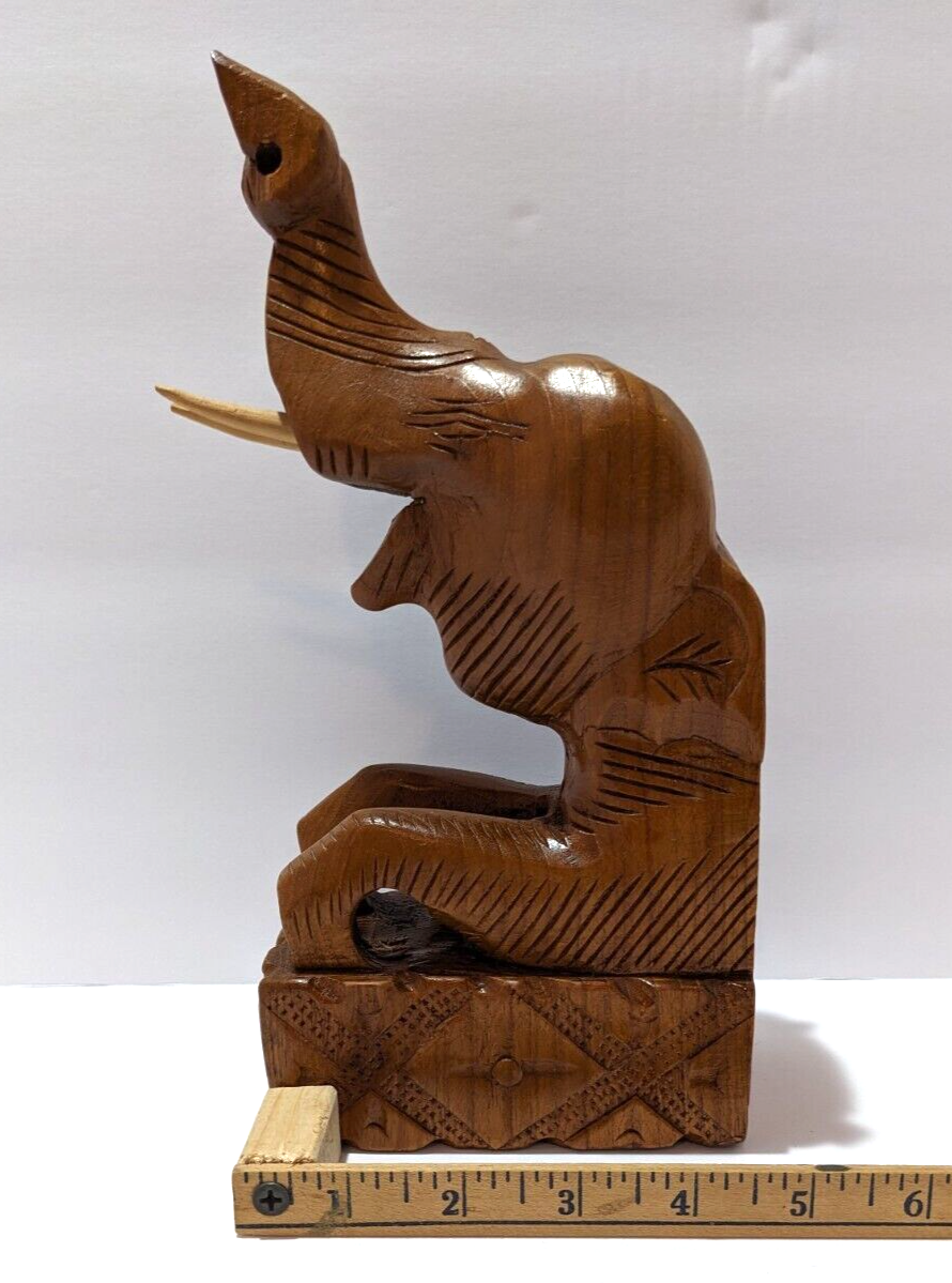 Vintage Hand Carved Teak Wood Elephant Bookend — Rustic Single Teak Elephant