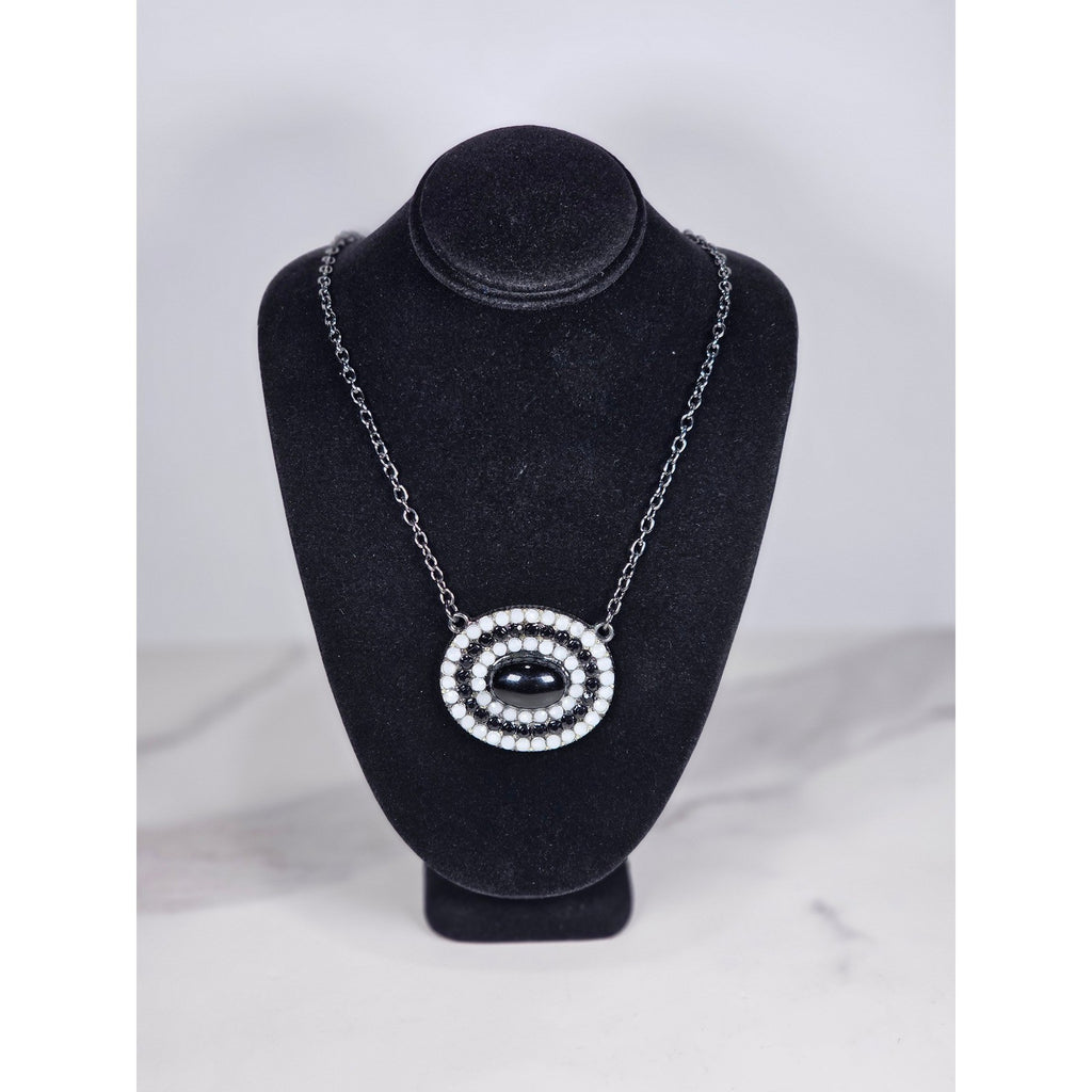 Vintage Black Oval Pendant Necklace with Rhinestone Halo on Gunmetal Chain