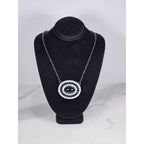 Vintage Black Oval Pendant Necklace with Rhinestone Halo on Gunmetal Chain