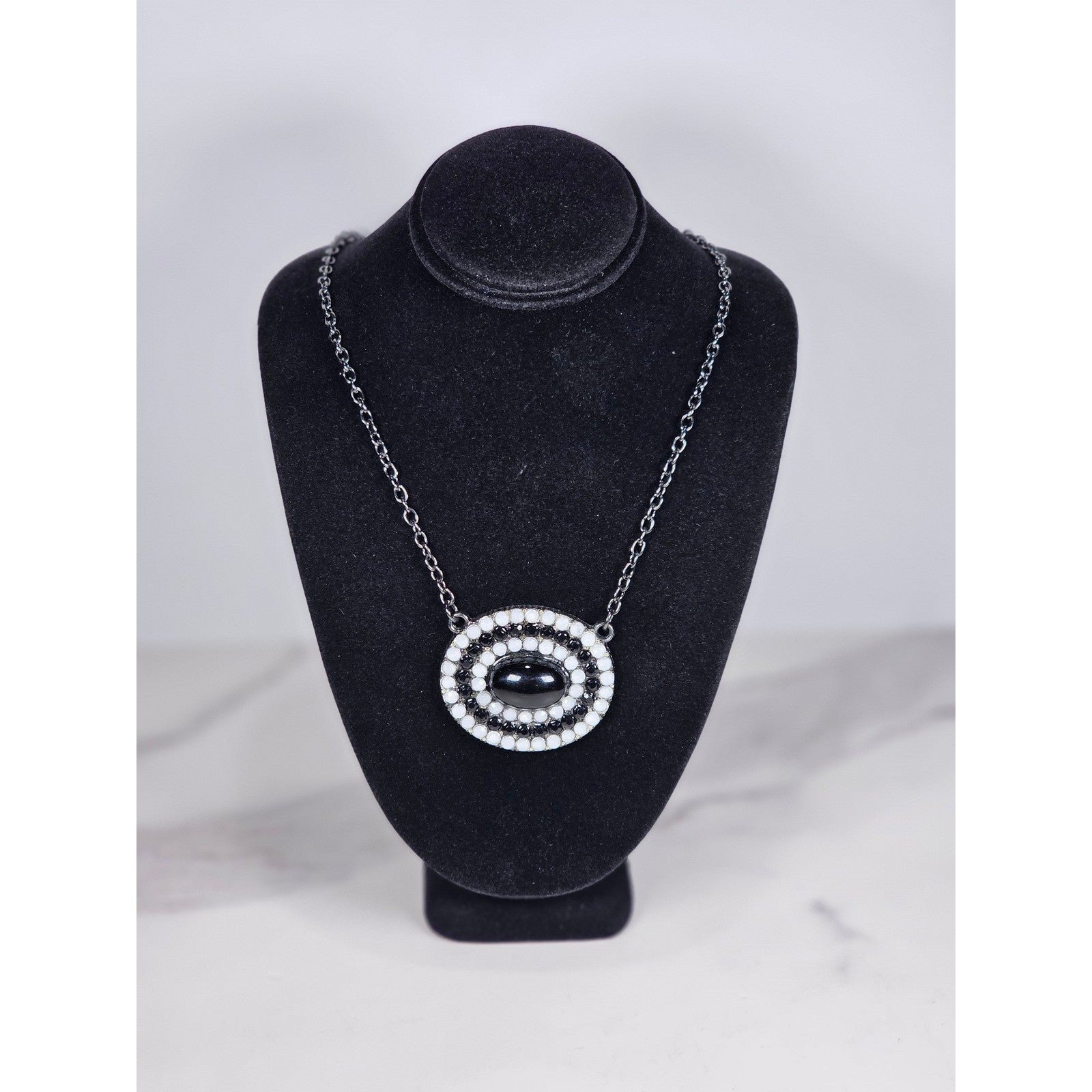 Vintage Black Oval Pendant Necklace with Rhinestone Halo on Gunmetal Chain