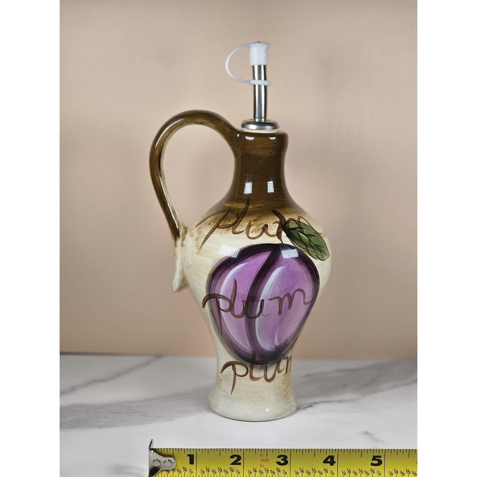 Vintage Rustic Orchard Plum Grape Oil Cruet Hand Painted Stoneware 9"