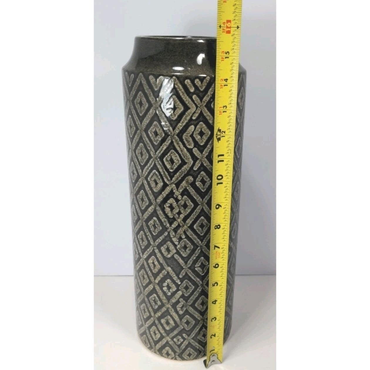 Vintage Black White Diamond Glass Vase Tall 15.6" Geometric Pattern