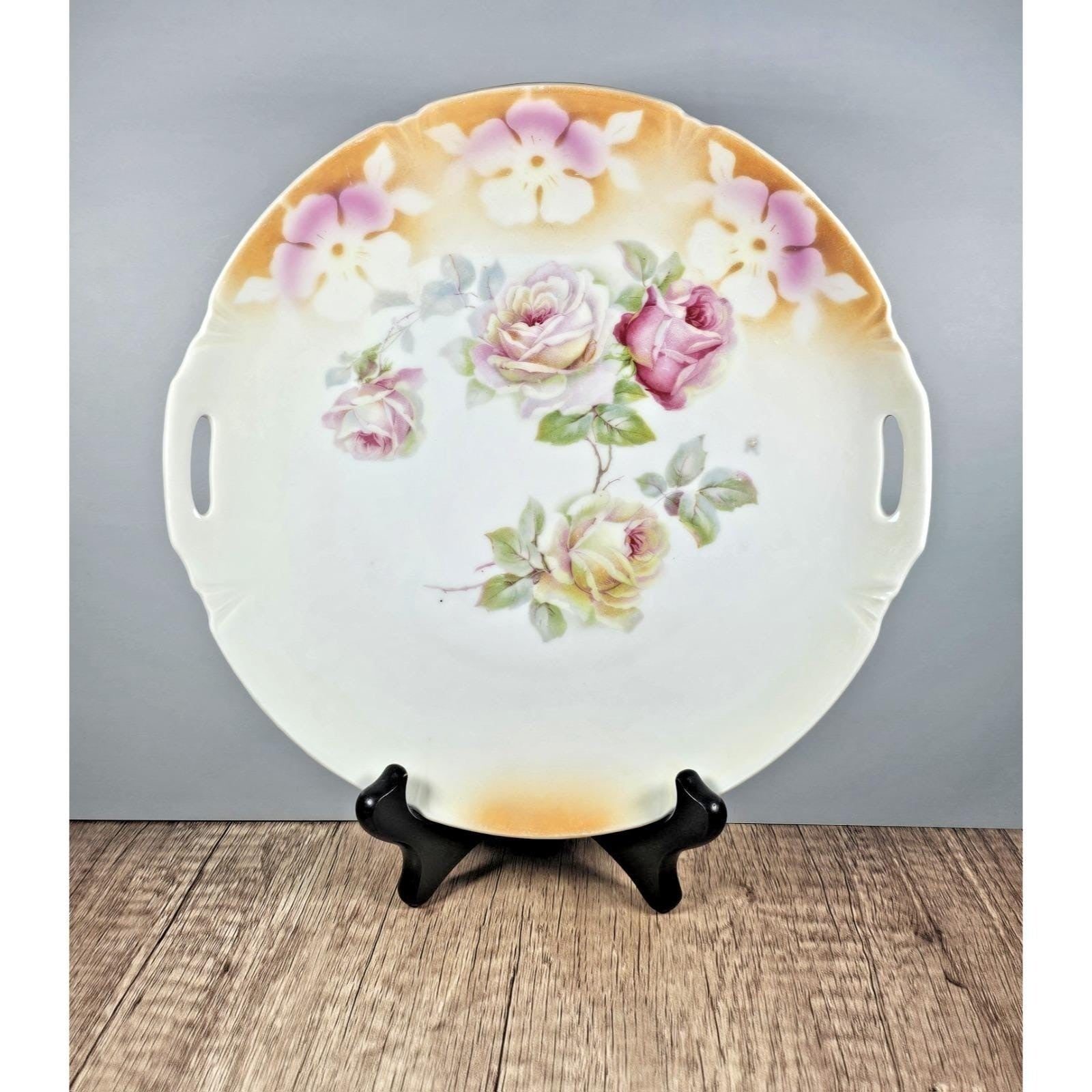 Leuchtenburg Germany Lusterware Tray Pink Roses Gold Trim 9.5"