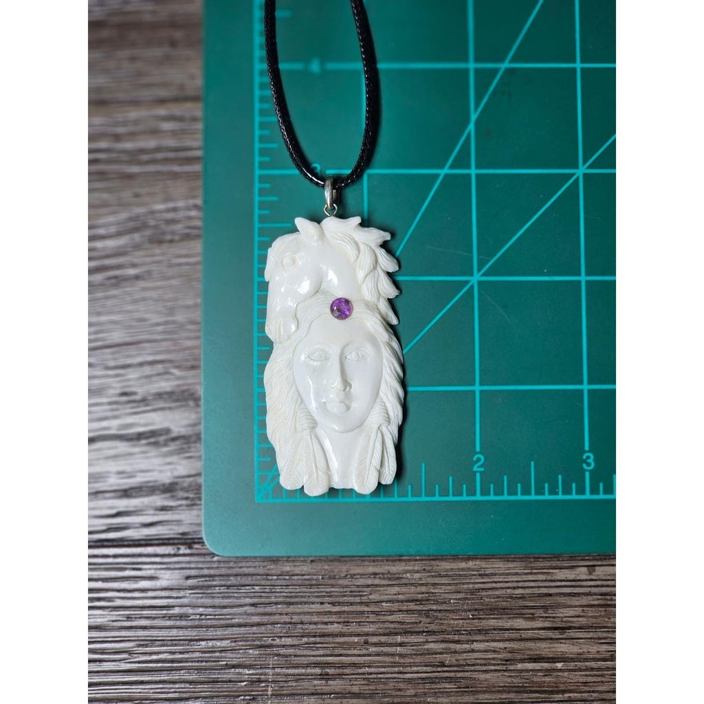 Vintage Carved Woman Horse Pendant Necklace Purple Stone