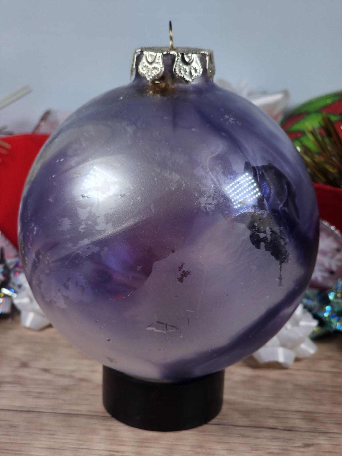 2 - 80s Vgt Blown Glass Purple Blue White Iridescent Marbled Christmas Ornament