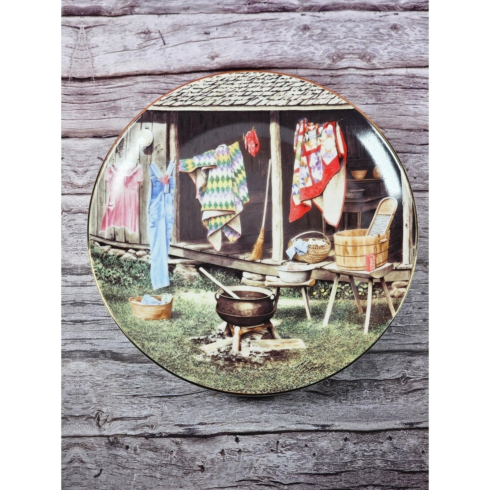 Vintage Mel Steele Wash Day Plate Americana Rural Scene Gold Rim 8.75"